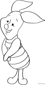 A clean, black-and-white line art illustration of Piglet from Winnie the Pooh, featuring bold outlines perfect for young children practicing coloring within the lines.