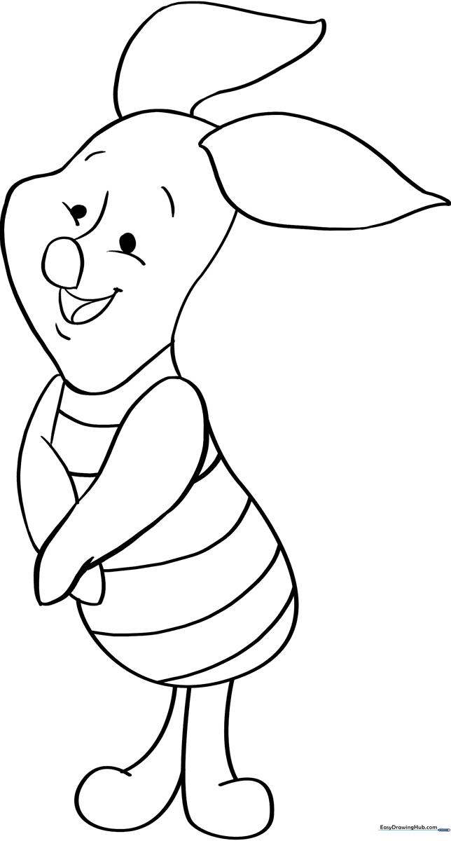 A clean, black-and-white line art illustration of Piglet from Winnie the Pooh, featuring bold outlines perfect for young children practicing coloring within the lines.