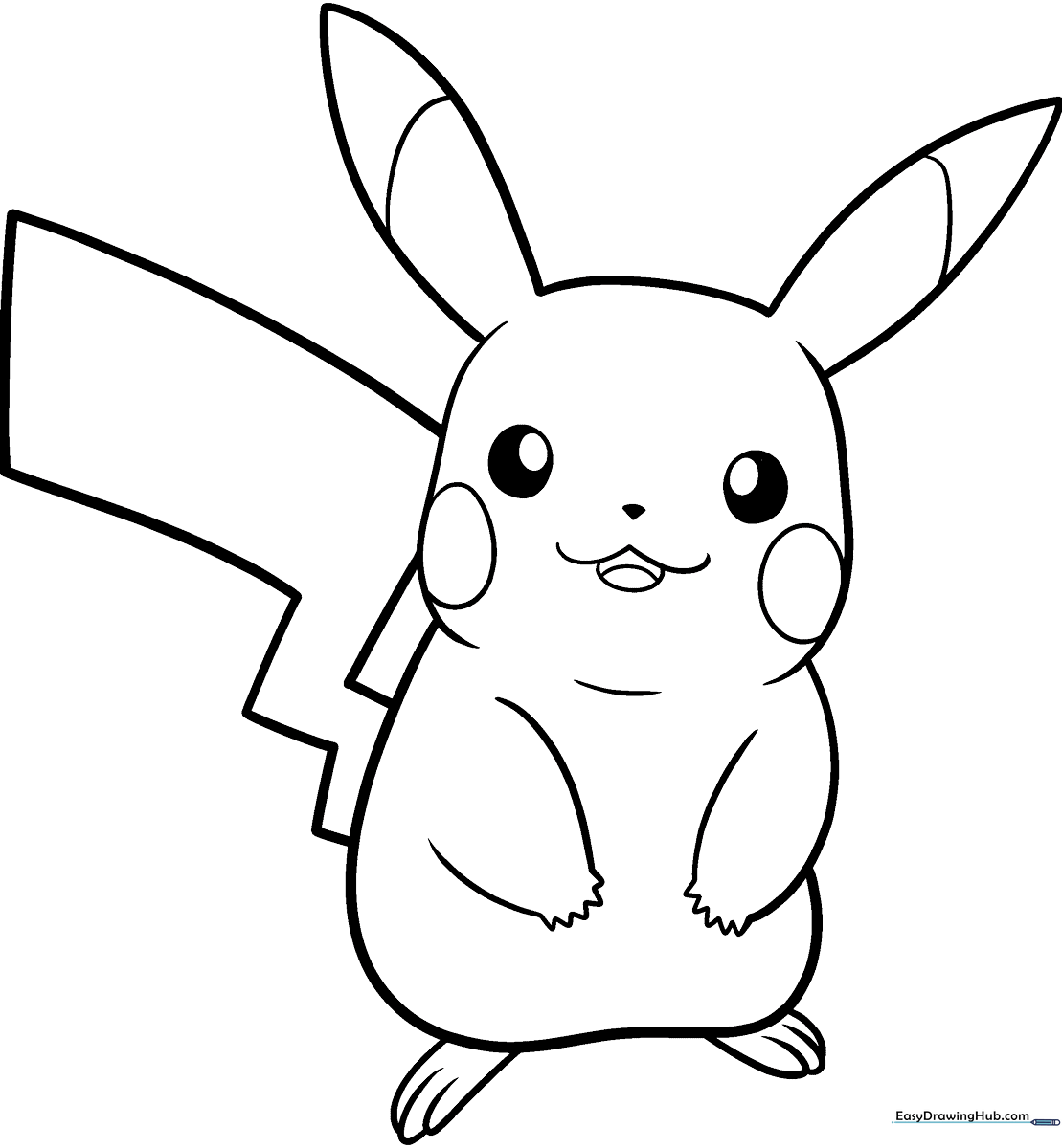 Black and white line art of Pikachu standing in a friendly pose, ready for coloring with markers or crayons.