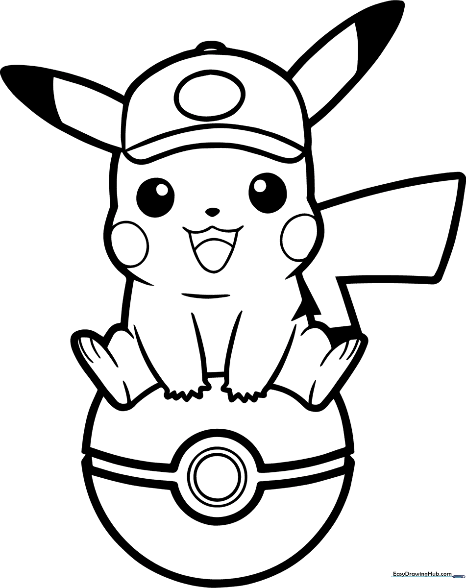 Black and white line art of Pikachu standing next to a Poké Ball, ready for coloring with crayons or markers.