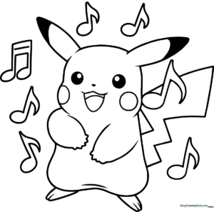 Black and white line art of Pikachu dancing with arms raised and a happy expression, ready for coloring.