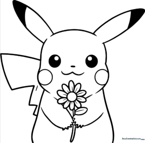 Black and white line art of Pikachu holding a flower, designed for children to color with markers or crayons.