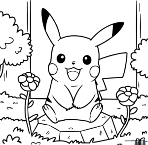 Line art illustration of Pikachu sitting happily in a garden surrounded by flowers and grass, ready for children to color.