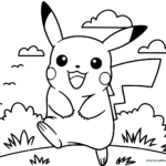 Black and white line art of Pikachu running with ears perked up, designed for children to color.