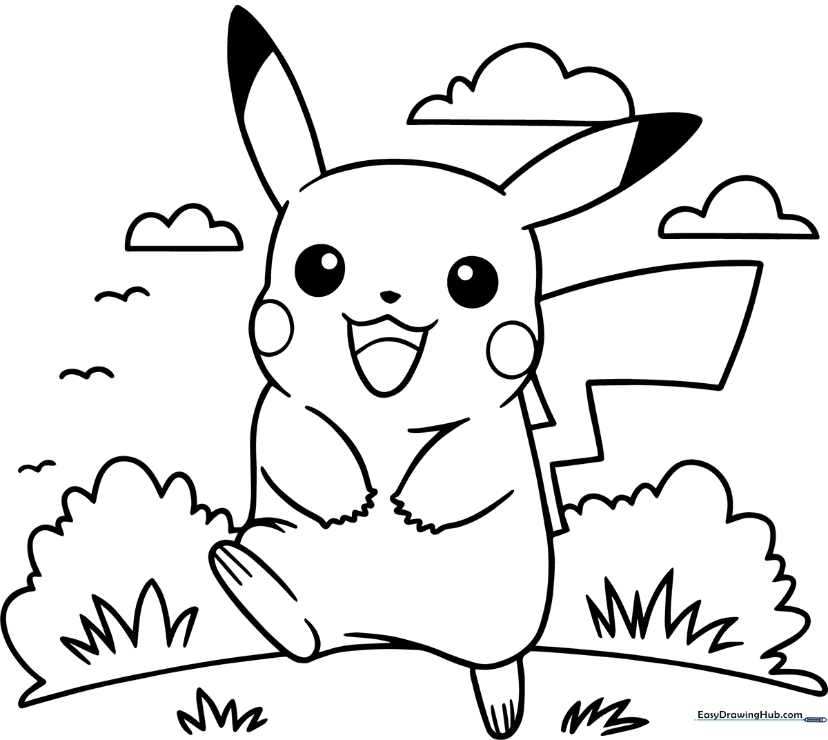 Black and white line art of Pikachu running with ears perked up, designed for children to color.