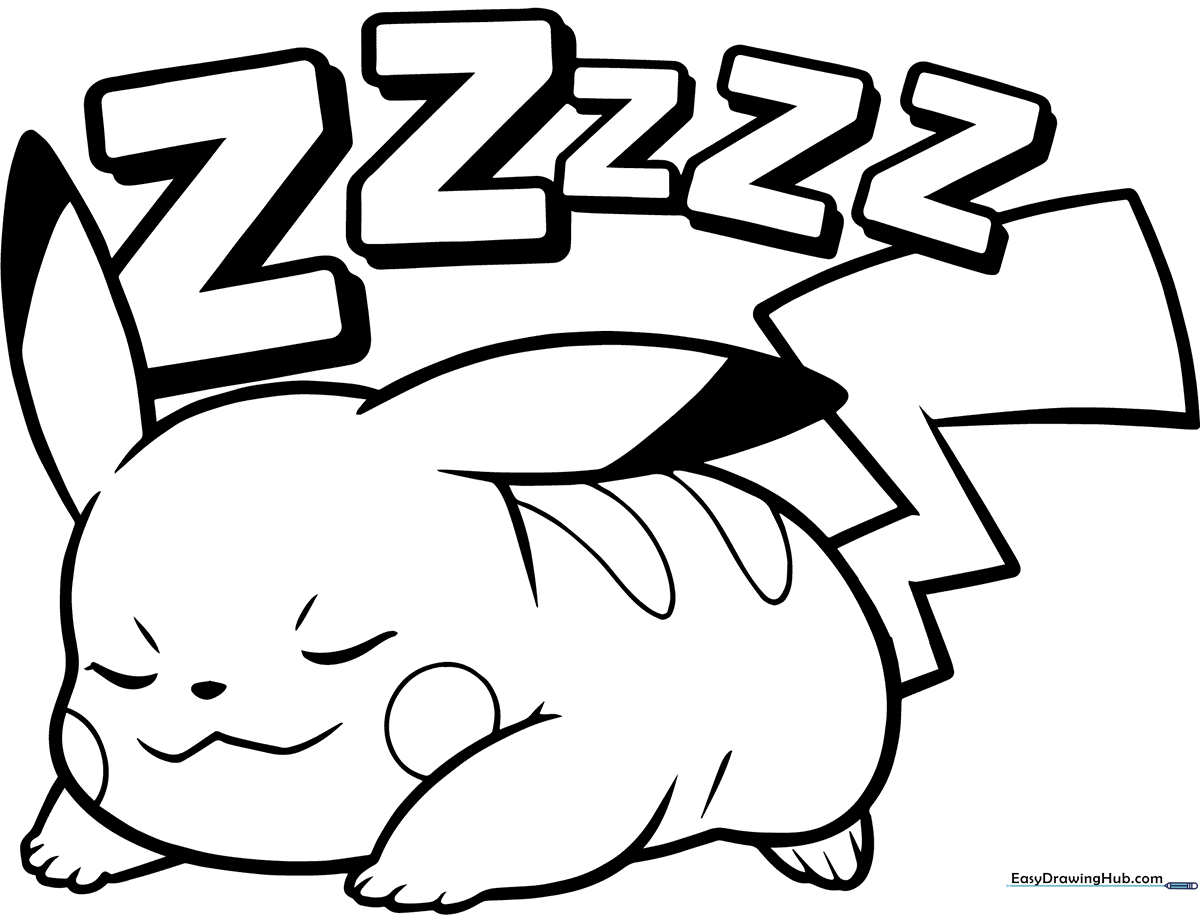 Black and white line art of a sleeping Pikachu curled up in a ball, featuring clear outlines for easy coloring by children.