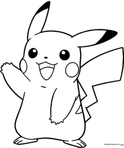 Black and white line art of Pikachu waving, featuring clear outlines for easy coloring by children.