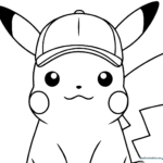 Black and white line art of Pikachu wearing a baseball cap, featuring clear outlines for easy coloring by children.
