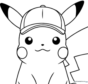 Black and white line art of Pikachu wearing a baseball cap, featuring clear outlines for easy coloring by children.