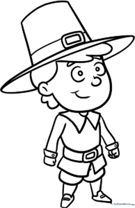 A friendly cartoon Pilgrim character with a wide-brimmed hat and buckled shoes, featuring clean, bold outlines perfect for children to color.