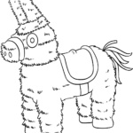 A clean, black-and-white line drawing of a traditional donkey-shaped pinata with fringed paper details, ready for children to color.