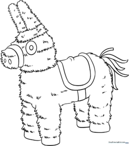A clean, black-and-white line drawing of a traditional donkey-shaped pinata with fringed paper details, ready for children to color.