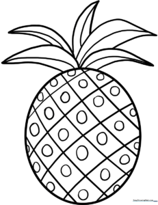 Black and white line art of a pineapple with a leafy crown, featuring clear outlines for easy coloring by children.