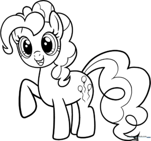 Black and white line art of Pinkie Pie from My Little Pony, featuring her signature curly mane and tail, ready for children to color.