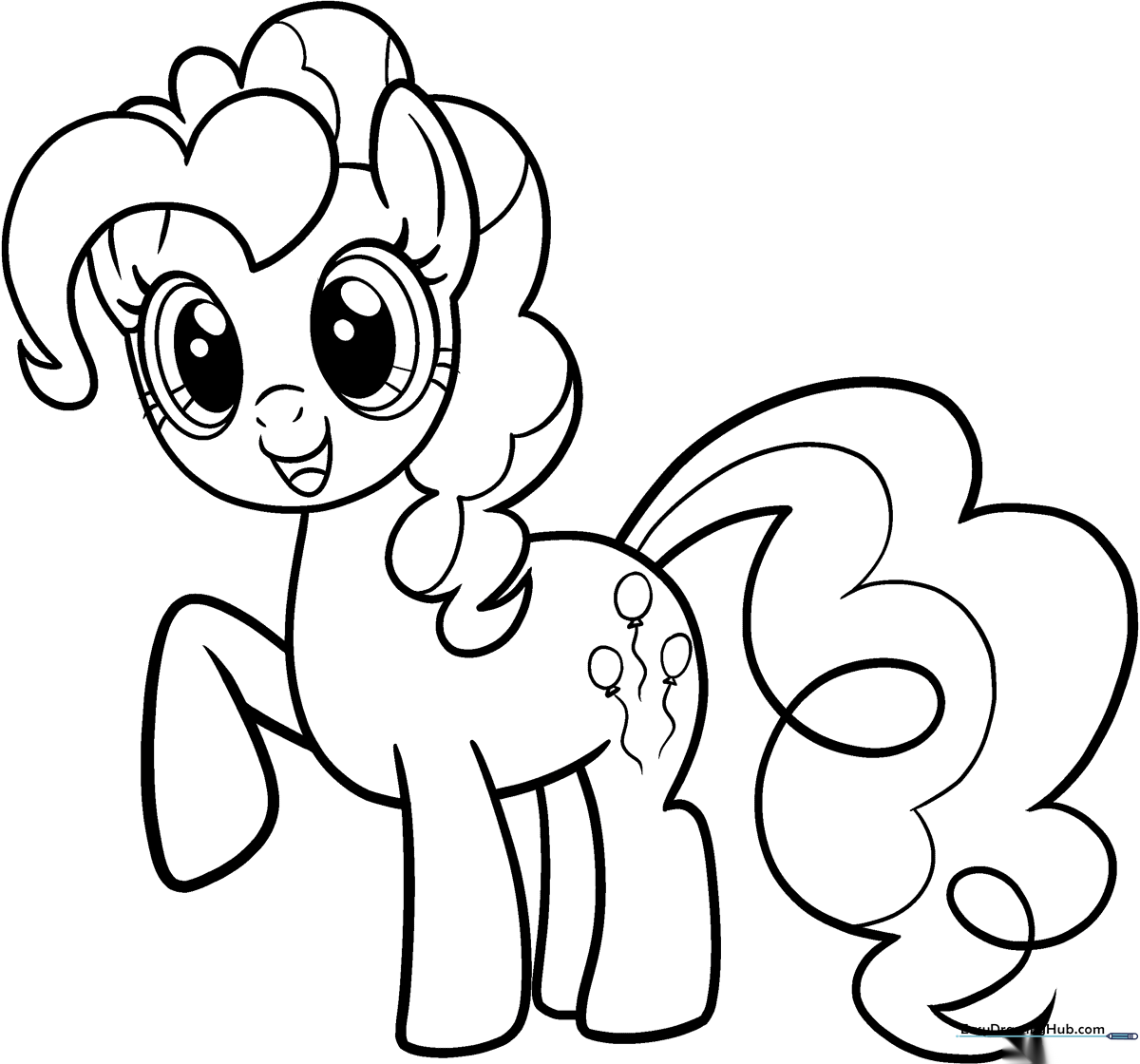 Black and white line art of Pinkie Pie from My Little Pony, featuring her signature curly mane and tail, ready for children to color.