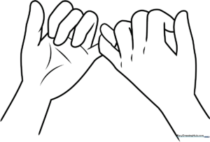 Black and white line art of two hands interlocking pinky fingers, designed for children to color and practice fine motor skills.