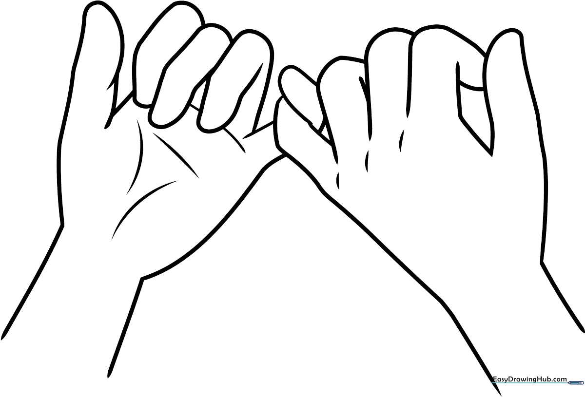 Black and white line art of two hands interlocking pinky fingers, designed for children to color and practice fine motor skills.