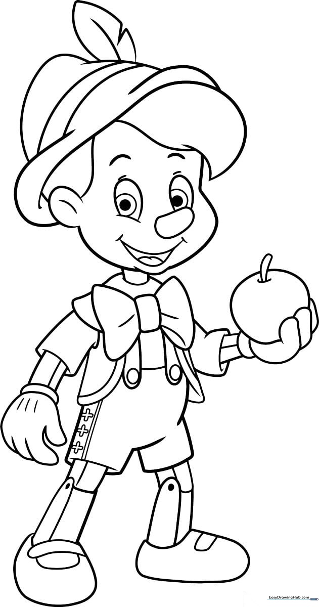 Black and white line art illustration of Pinocchio standing with a friendly expression, featuring clear outlines for easy coloring by young children.