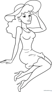 Line art illustration of a retro-style pinup girl with a classic hairstyle, ready for coloring with markers or pencils.
