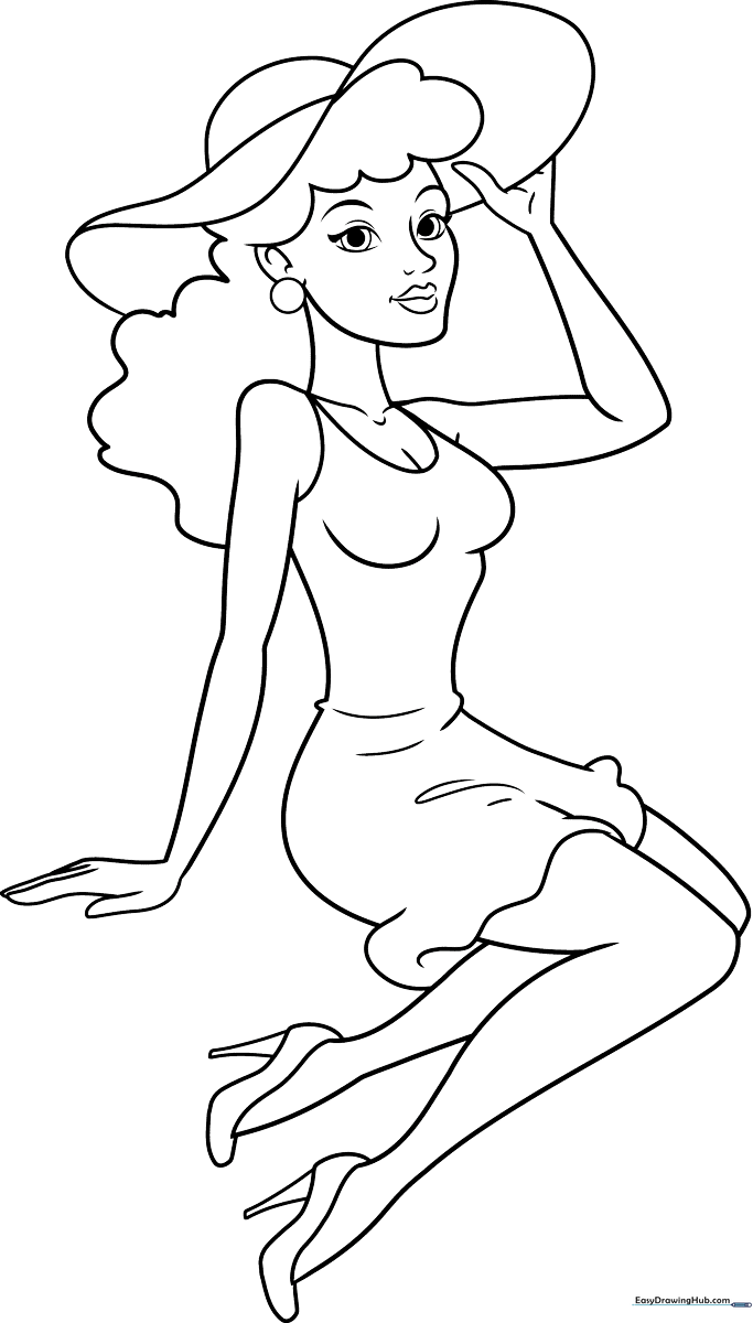 Line art illustration of a retro-style pinup girl with a classic hairstyle, ready for coloring with markers or pencils.