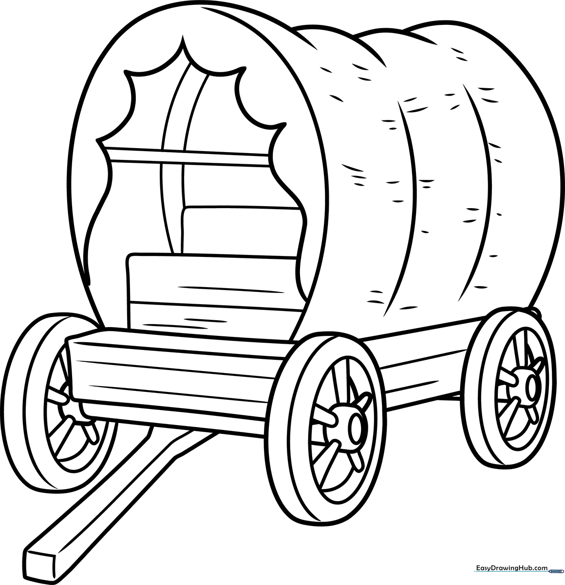 Black and white line art of a classic pioneer wagon with large wooden wheels and a canvas cover, ready for coloring.