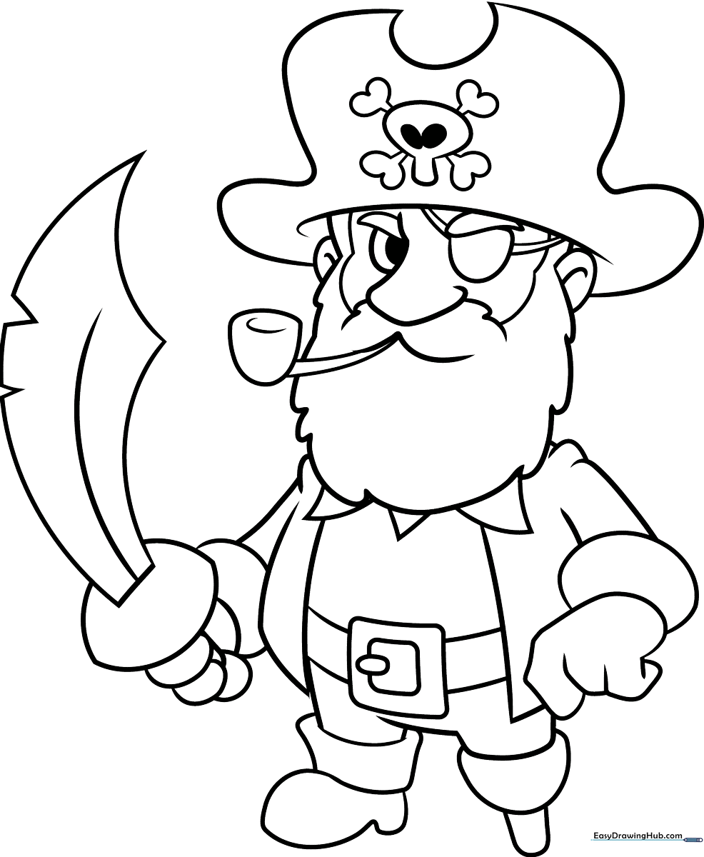 Black and white line art of a friendly cartoon pirate wearing an eye patch and a tricorn hat, ready for coloring.