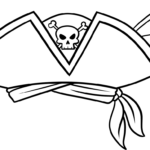 Black and white line art of a classic pirate tricorn hat with a skull and crossbones emblem, designed for children to color.