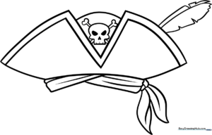 Black and white line art of a classic pirate tricorn hat with a skull and crossbones emblem, designed for children to color.
