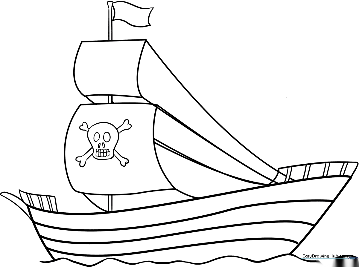 Black and white line art of a classic pirate ship with sails, masts, and a hull, designed for children to color.