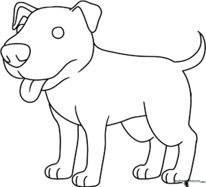 A friendly cartoon Pitbull with a wide smile and expressive eyes, outlined with clean, bold lines for easy coloring by children.