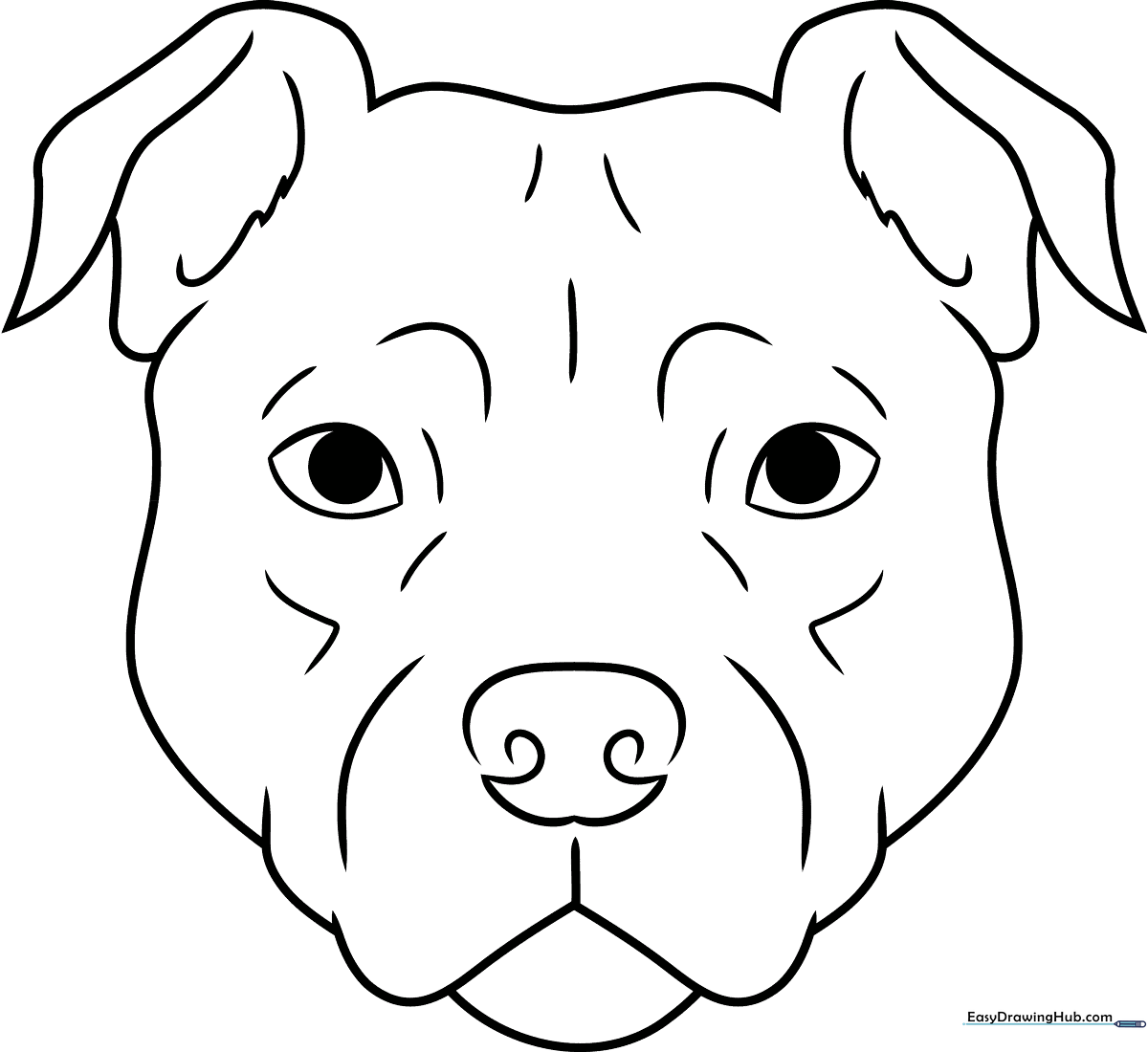 Black and white line art of a friendly Pitbull face with expressive eyes and a wide snout, designed for children to color.