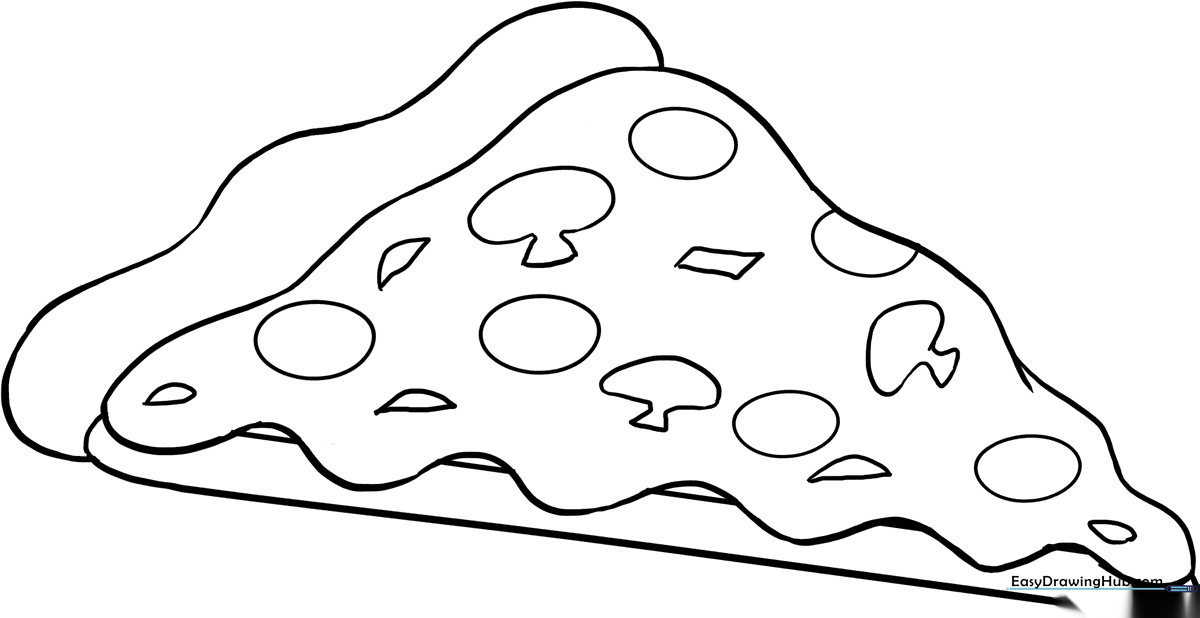 A clean, black-and-white line art illustration of a single pizza slice with pepperoni toppings, designed for children to color.