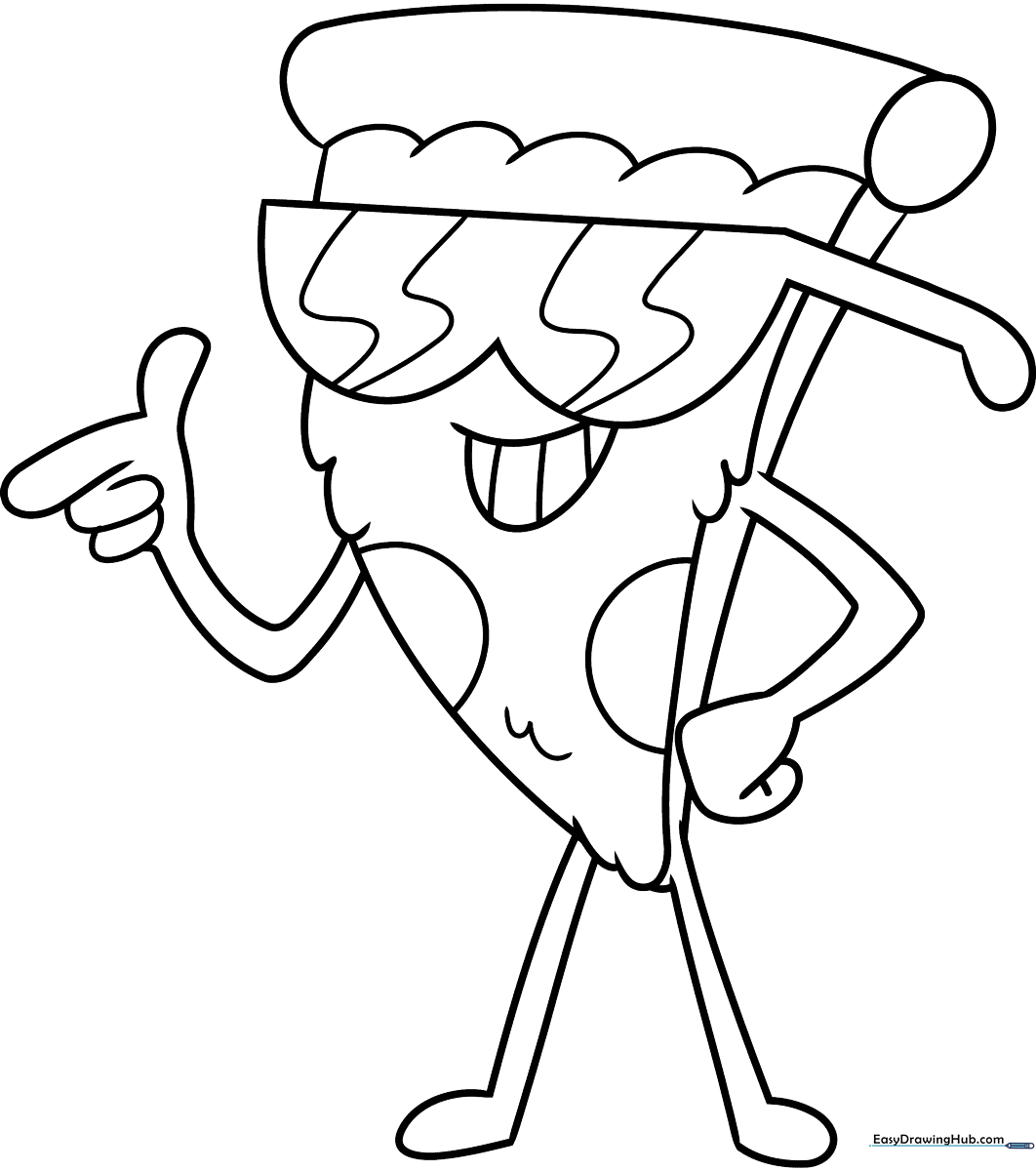Black and white line art of Pizza Steve with his signature sunglasses and wide grin, ready for coloring.