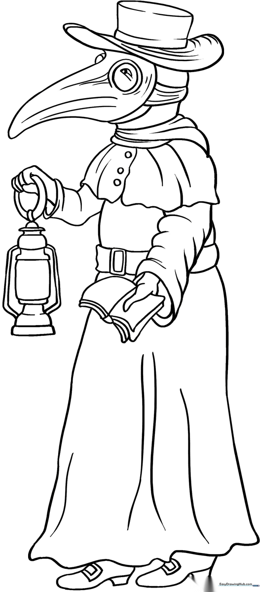 Black and white line art of a Plague Doctor wearing a wide-brimmed hat and iconic bird-like beak mask, ready for coloring.