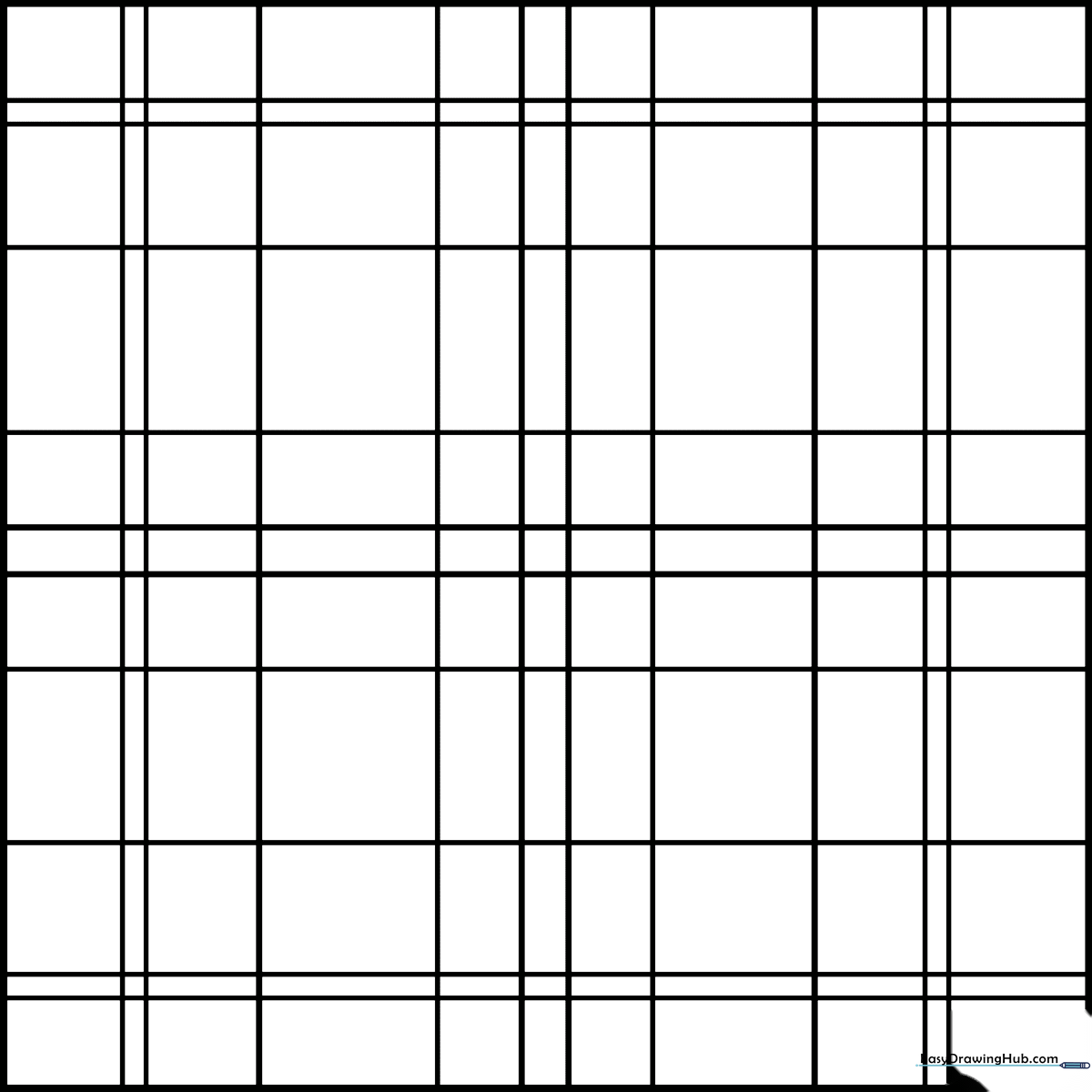 Black and white line art of a plaid fabric pattern featuring intersecting horizontal and vertical lines, designed for children to color.