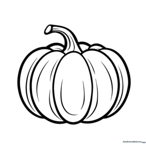 A clean, black-and-white line art illustration of a round pumpkin with a stem, designed for children to color.