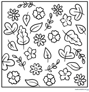 A black and white botanical doodle coloring sheet featuring various stylized leaves, flowers, and geometric patterns for children to color.