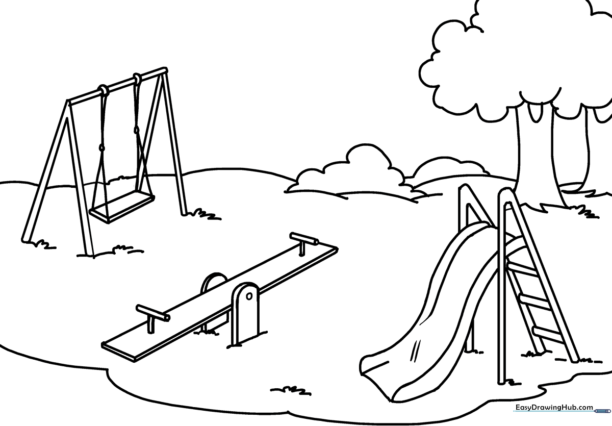 Black and white line art of a school playground featuring a slide, climbing frame, and swings, designed for children to color.
