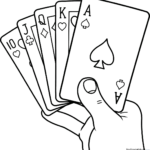 Black and white line art of a stack of playing cards showing the heart and spade suits, ready for children to color.