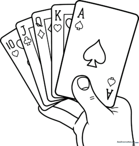 Black and white line art of a stack of playing cards showing the heart and spade suits, ready for children to color.