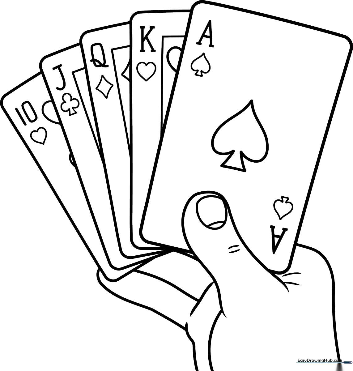 Black and white line art of a stack of playing cards showing the heart and spade suits, ready for children to color.