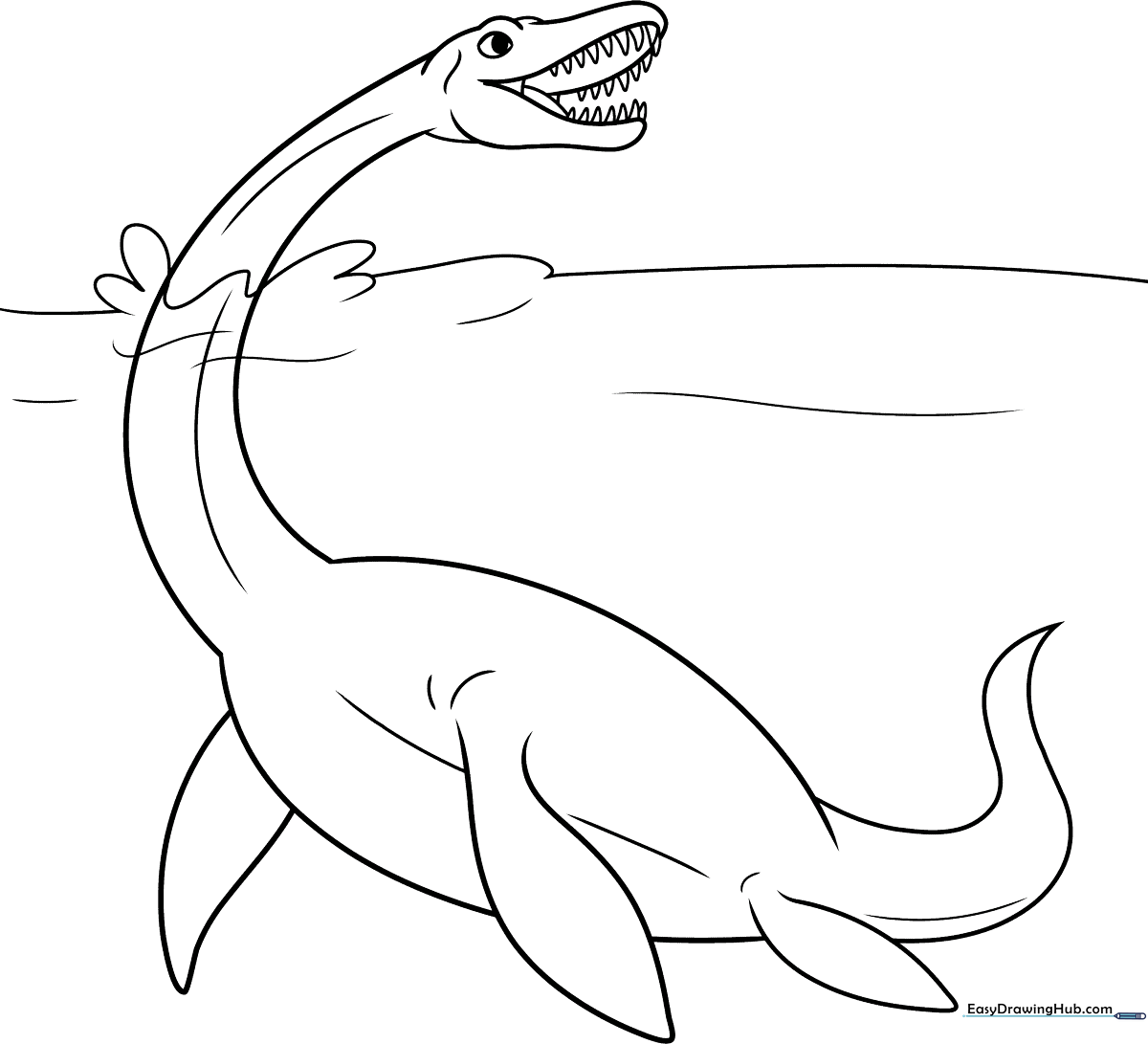 Black and white line art of a Plesiosaurus swimming, featuring a long neck and four flippers, ready for children to color.