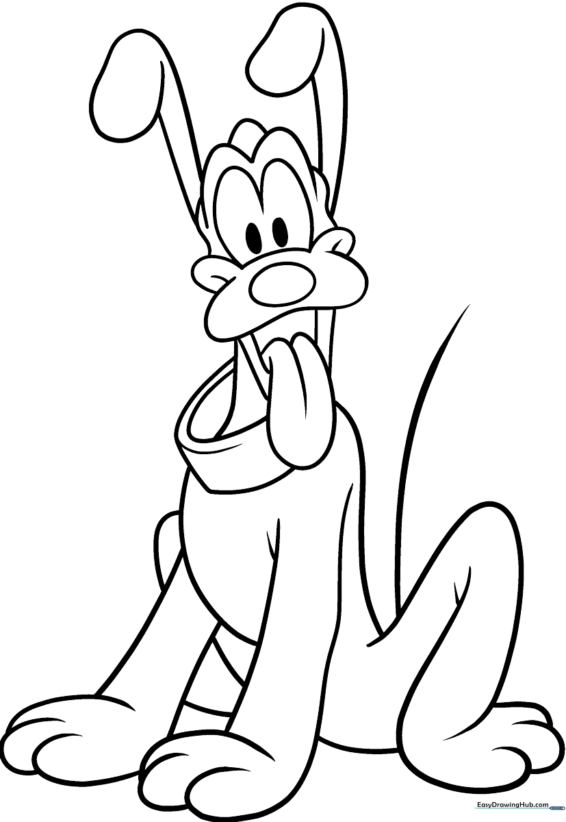 Black and white line art of Pluto the dog with his signature floppy ears and happy expression, ready for coloring.