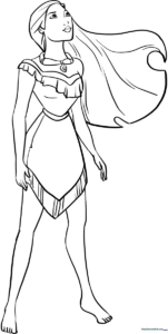 Black and white line art of Pocahontas for coloring, featuring clear outlines for easy filling with crayons or markers.