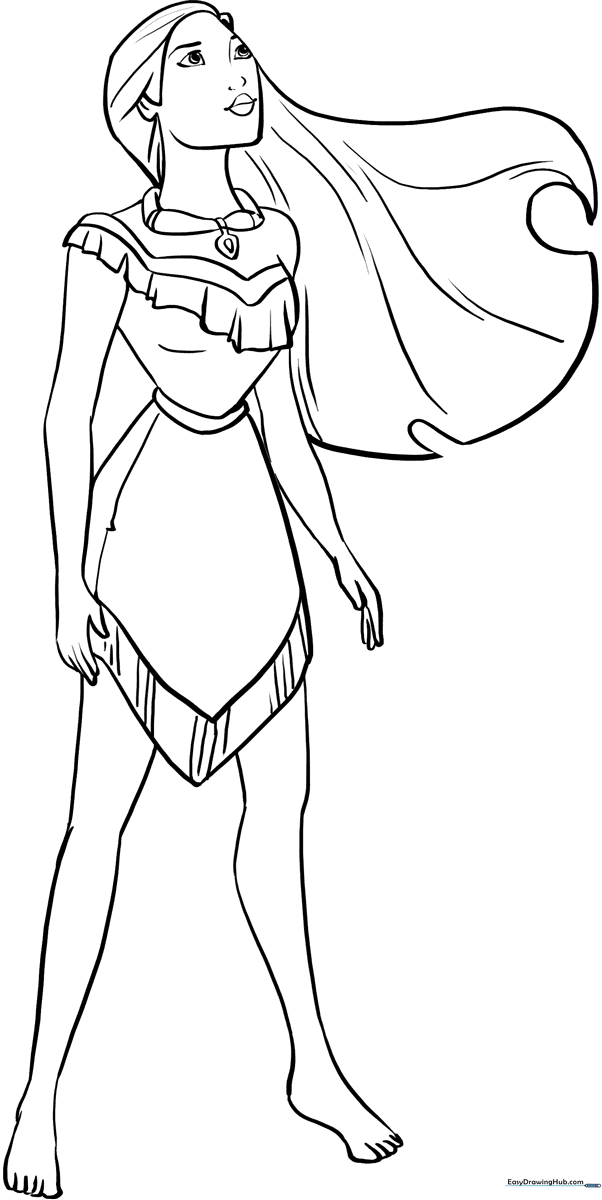 Black and white line art of Pocahontas for coloring, featuring clear outlines for easy filling with crayons or markers.
