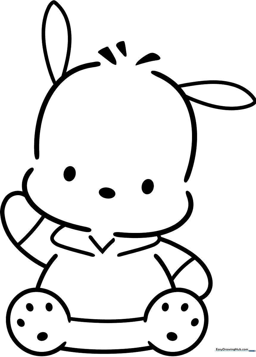 Black and white line art of Pochacco the puppy from Sanrio, featuring clear outlines for children to color with markers or crayons.