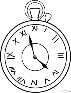 Black and white line art of a classic pocket watch with a decorative crown and clear clock face, ready for coloring.