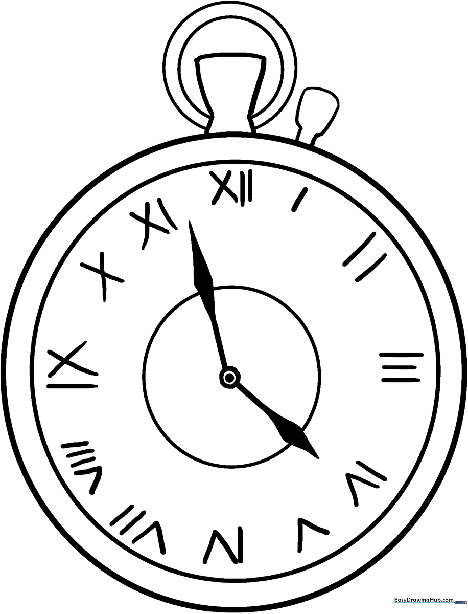 Black and white line art of a classic pocket watch with a decorative crown and clear clock face, ready for coloring.