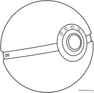 Black and white line art of a classic Poké Ball with a central button, ready for children to color with markers or crayons.