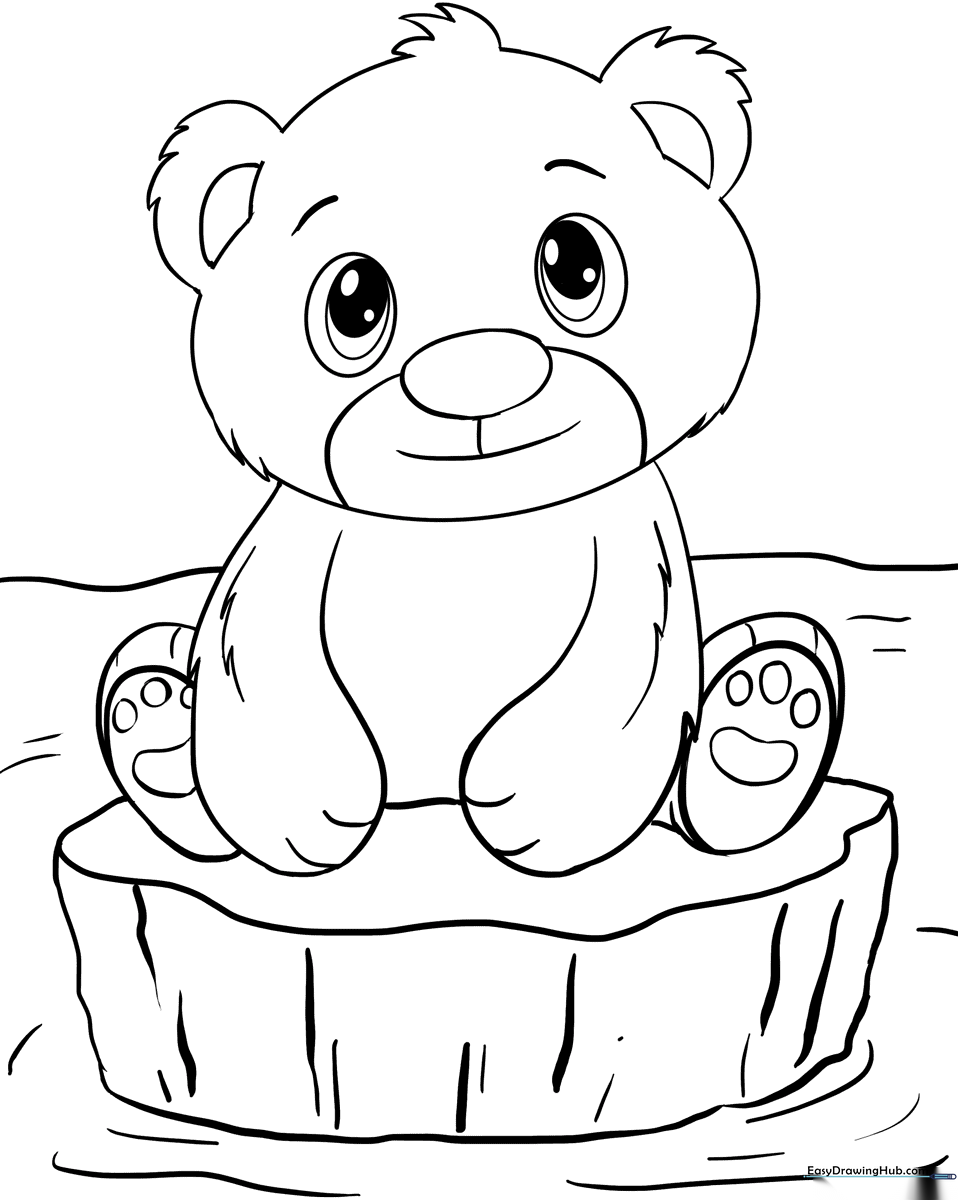 Black and white line art of a friendly polar bear cub sitting, featuring clear outlines for easy coloring by young children.